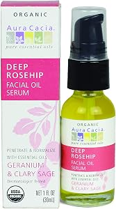 Aura Cacia Organic Deep Rosehip Facial Serum, 1-Ounce, Soothing, Moisture-Preserving Oil,