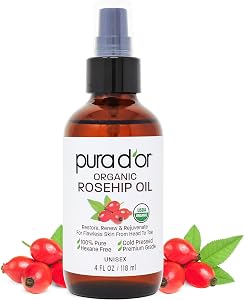 PURA D'OR ORGANIC Rosehip Seed Oil 100% Pure Cold Pressed USDA Certified For Hair, Skin, S
